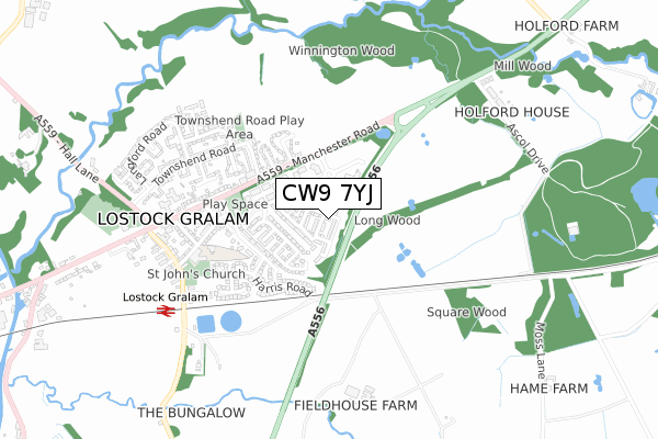 CW9 7YJ map - small scale - OS Open Zoomstack (Ordnance Survey)