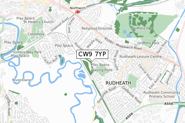 CW9 7YP map - small scale - OS Open Zoomstack (Ordnance Survey)