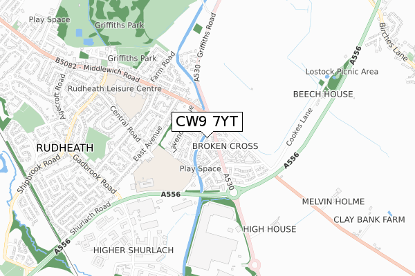 CW9 7YT map - small scale - OS Open Zoomstack (Ordnance Survey)