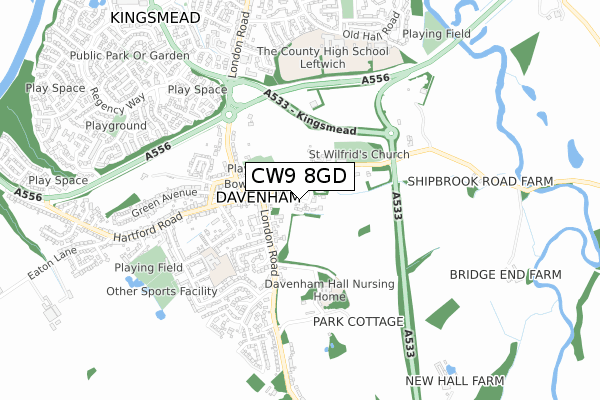 CW9 8GD map - small scale - OS Open Zoomstack (Ordnance Survey)