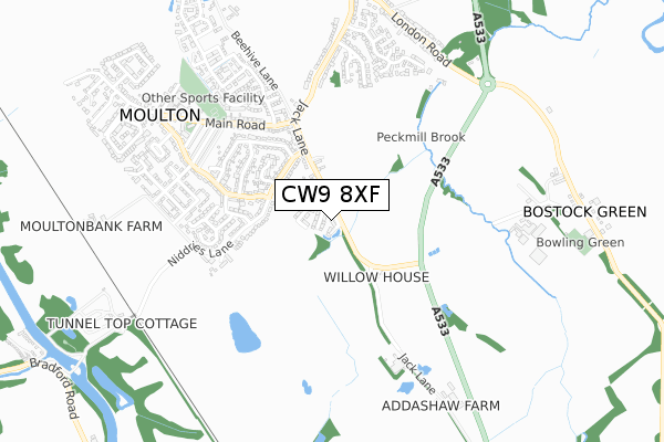 CW9 8XF map - small scale - OS Open Zoomstack (Ordnance Survey)