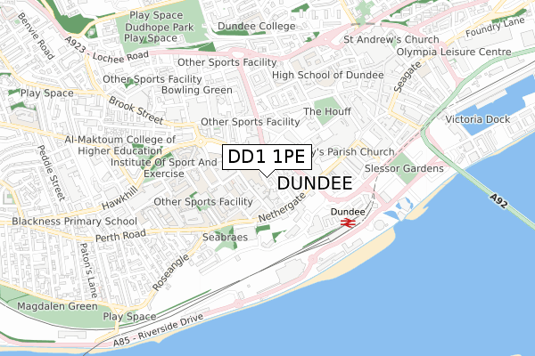 DD1 1PE map - small scale - OS Open Zoomstack (Ordnance Survey)