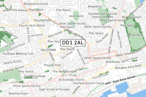 DD1 2AL map - small scale - OS Open Zoomstack (Ordnance Survey)