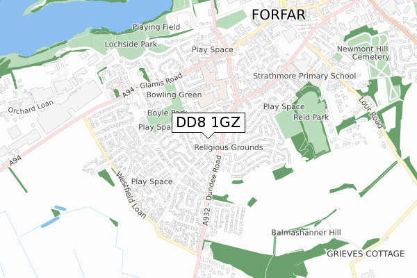 DD8 1GZ map - small scale - OS Open Zoomstack (Ordnance Survey)