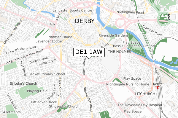 DE1 1AW map - small scale - OS Open Zoomstack (Ordnance Survey)