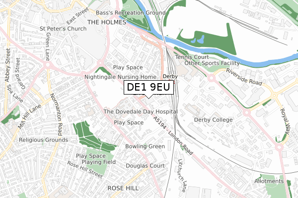 DE1 9EU map - small scale - OS Open Zoomstack (Ordnance Survey)