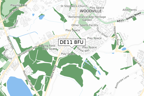 DE11 8FU map - small scale - OS Open Zoomstack (Ordnance Survey)