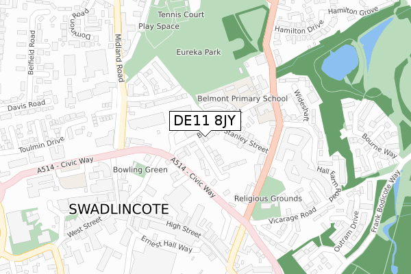 DE11 8JY map - large scale - OS Open Zoomstack (Ordnance Survey)