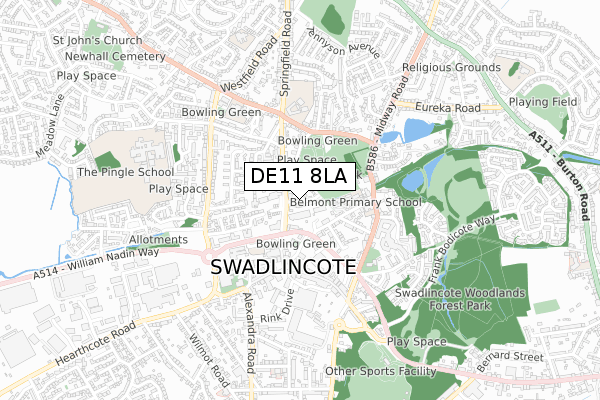 DE11 8LA map - small scale - OS Open Zoomstack (Ordnance Survey)