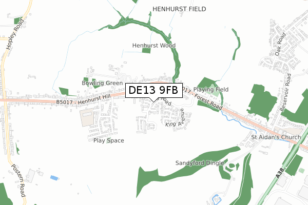 DE13 9FB map - small scale - OS Open Zoomstack (Ordnance Survey)