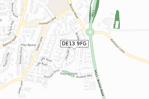 DE13 9FG map - large scale - OS Open Zoomstack (Ordnance Survey)