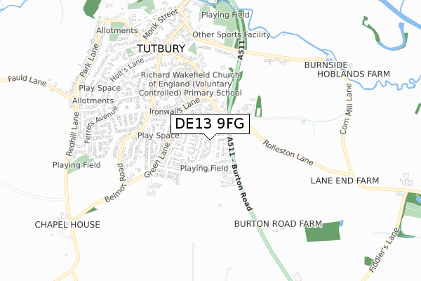 DE13 9FG map - small scale - OS Open Zoomstack (Ordnance Survey)