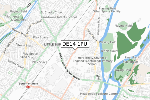 DE14 1PU map - small scale - OS Open Zoomstack (Ordnance Survey)