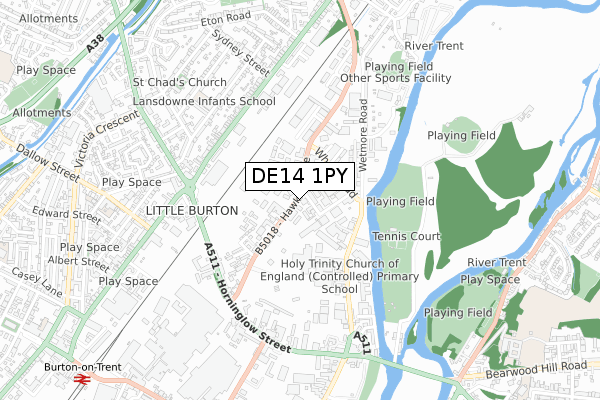 DE14 1PY map - small scale - OS Open Zoomstack (Ordnance Survey)