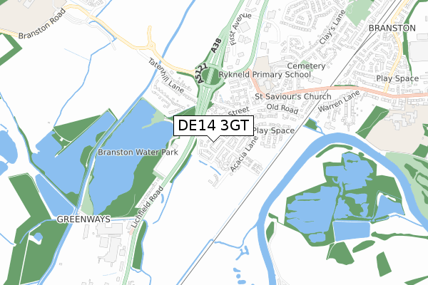 DE14 3GT map - small scale - OS Open Zoomstack (Ordnance Survey)