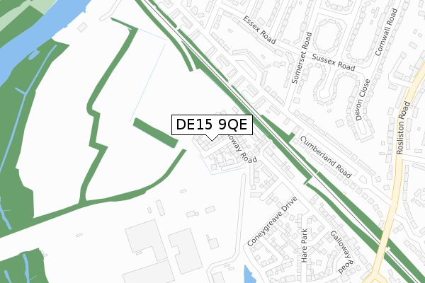 DE15 9QE map - large scale - OS Open Zoomstack (Ordnance Survey)