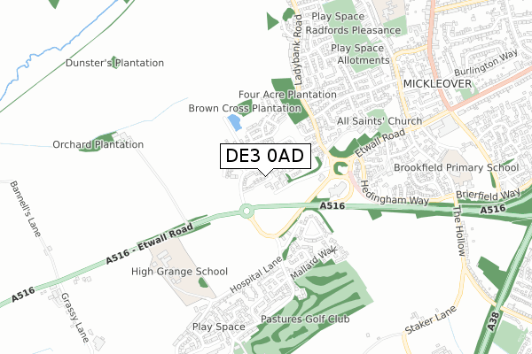 DE3 0AD map - small scale - OS Open Zoomstack (Ordnance Survey)