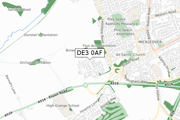 DE3 0AF map - small scale - OS Open Zoomstack (Ordnance Survey)