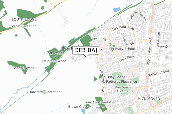 DE3 0AJ map - small scale - OS Open Zoomstack (Ordnance Survey)