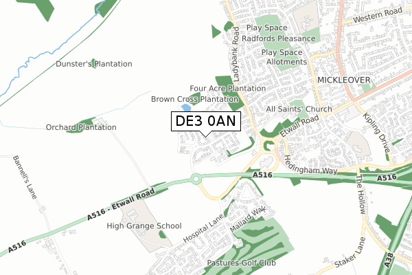 DE3 0AN map - small scale - OS Open Zoomstack (Ordnance Survey)