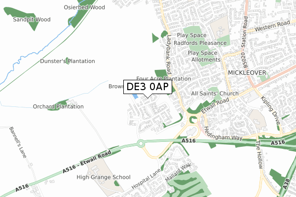 DE3 0AP map - small scale - OS Open Zoomstack (Ordnance Survey)