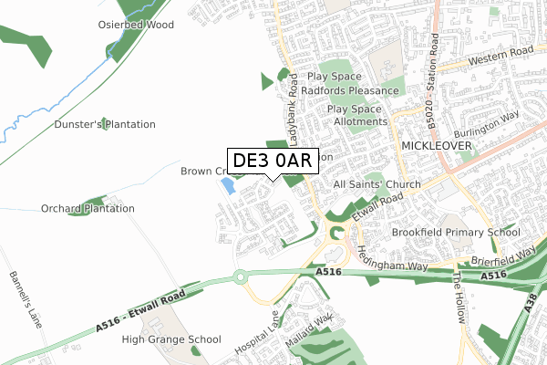 DE3 0AR map - small scale - OS Open Zoomstack (Ordnance Survey)