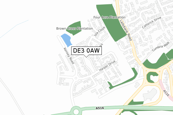 DE3 0AW map - large scale - OS Open Zoomstack (Ordnance Survey)