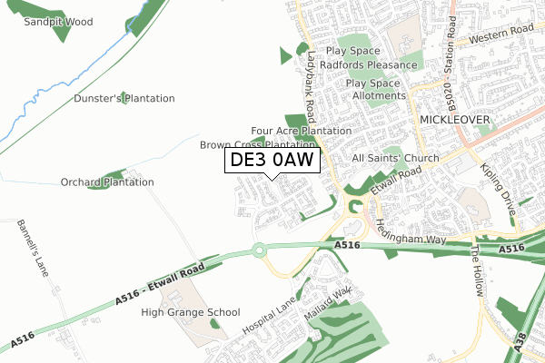 DE3 0AW map - small scale - OS Open Zoomstack (Ordnance Survey)