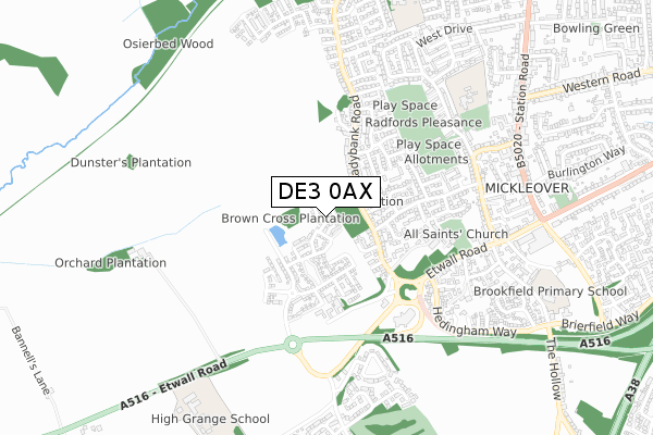 DE3 0AX map - small scale - OS Open Zoomstack (Ordnance Survey)