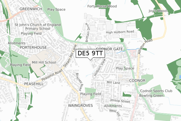 DE5 9TT map - small scale - OS Open Zoomstack (Ordnance Survey)