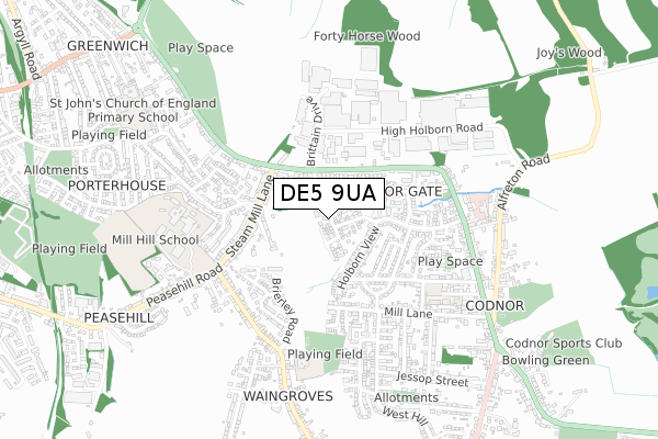 DE5 9UA map - small scale - OS Open Zoomstack (Ordnance Survey)