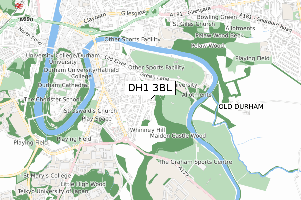 DH1 3BL map - small scale - OS Open Zoomstack (Ordnance Survey)