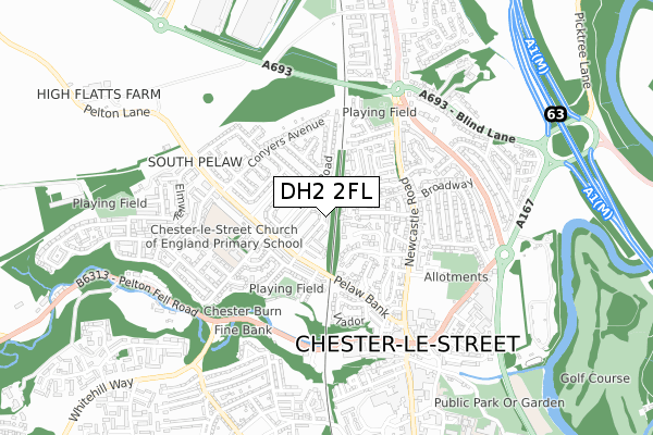 DH2 2FL map - small scale - OS Open Zoomstack (Ordnance Survey)