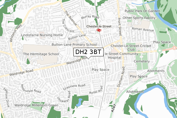 DH2 3BT map - small scale - OS Open Zoomstack (Ordnance Survey)