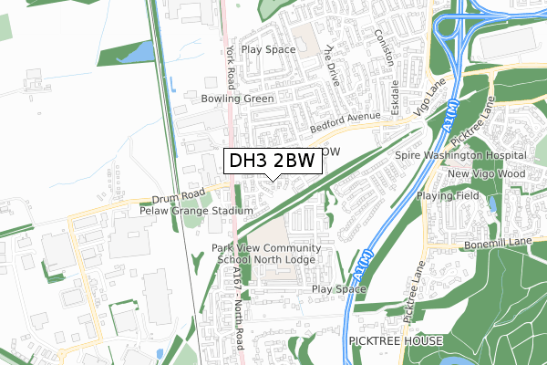 DH3 2BW map - small scale - OS Open Zoomstack (Ordnance Survey)