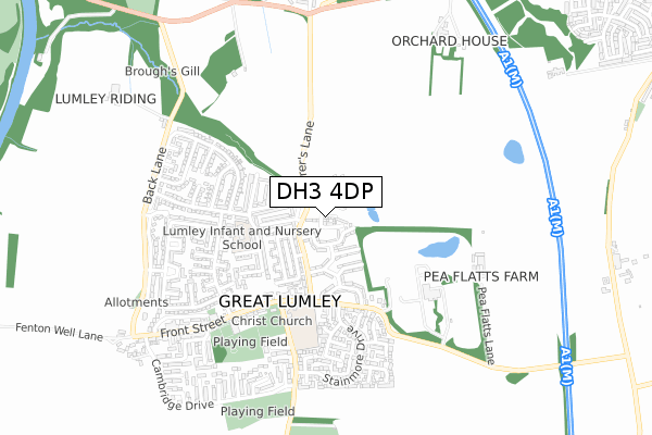 DH3 4DP map - small scale - OS Open Zoomstack (Ordnance Survey)