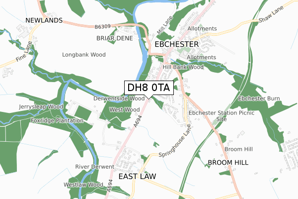 DH8 0TA map - small scale - OS Open Zoomstack (Ordnance Survey)