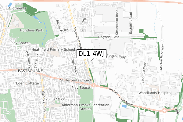 DL1 4WJ map - small scale - OS Open Zoomstack (Ordnance Survey)