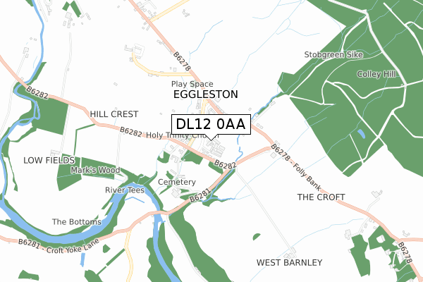 DL12 0AA map - small scale - OS Open Zoomstack (Ordnance Survey)