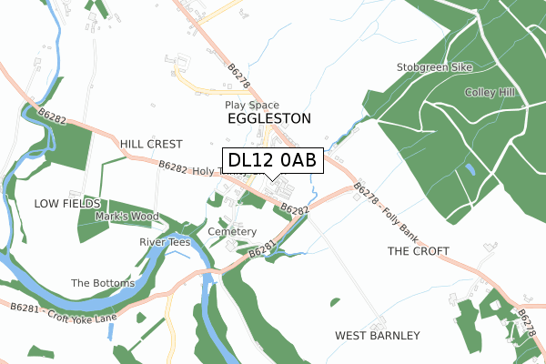 DL12 0AB map - small scale - OS Open Zoomstack (Ordnance Survey)