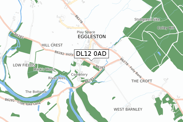 DL12 0AD map - small scale - OS Open Zoomstack (Ordnance Survey)