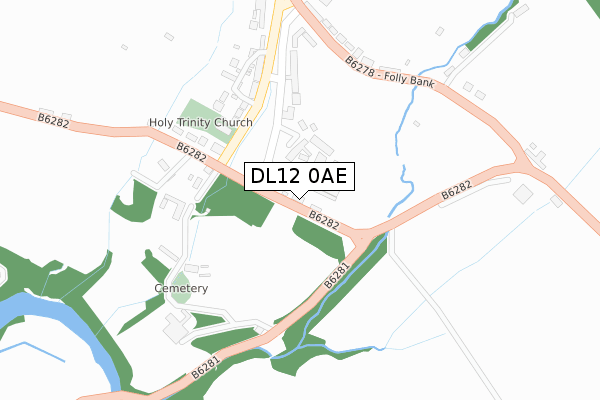 DL12 0AE map - large scale - OS Open Zoomstack (Ordnance Survey)