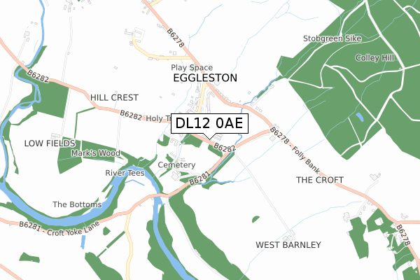 DL12 0AE map - small scale - OS Open Zoomstack (Ordnance Survey)