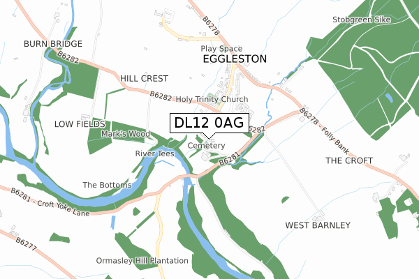 DL12 0AG map - small scale - OS Open Zoomstack (Ordnance Survey)