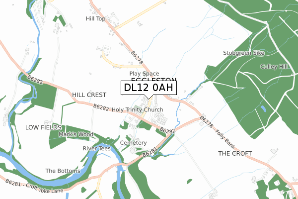 DL12 0AH map - small scale - OS Open Zoomstack (Ordnance Survey)