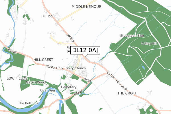 DL12 0AJ map - small scale - OS Open Zoomstack (Ordnance Survey)