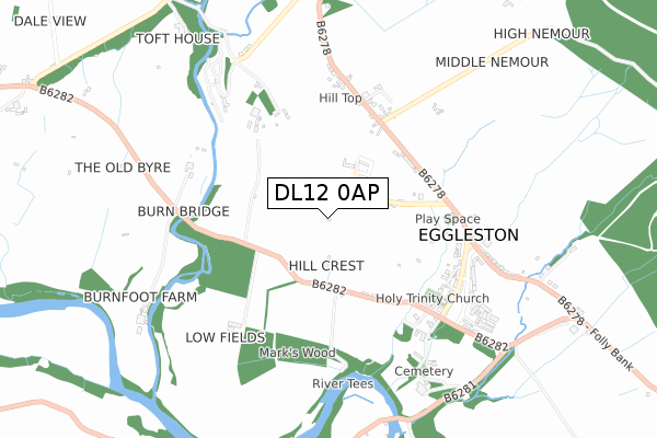 DL12 0AP map - small scale - OS Open Zoomstack (Ordnance Survey)