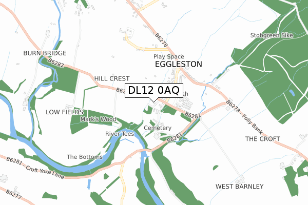 DL12 0AQ map - small scale - OS Open Zoomstack (Ordnance Survey)