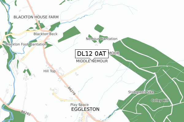 DL12 0AT map - small scale - OS Open Zoomstack (Ordnance Survey)