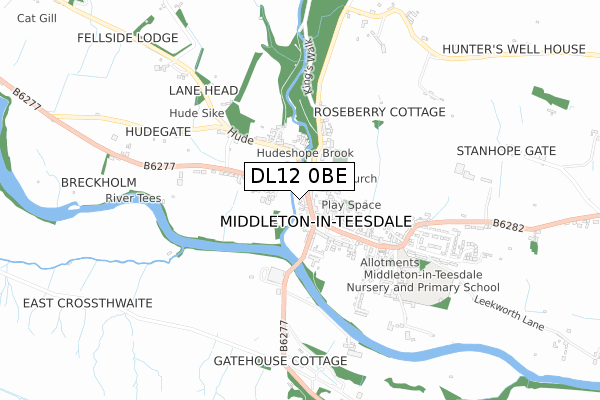 DL12 0BE map - small scale - OS Open Zoomstack (Ordnance Survey)